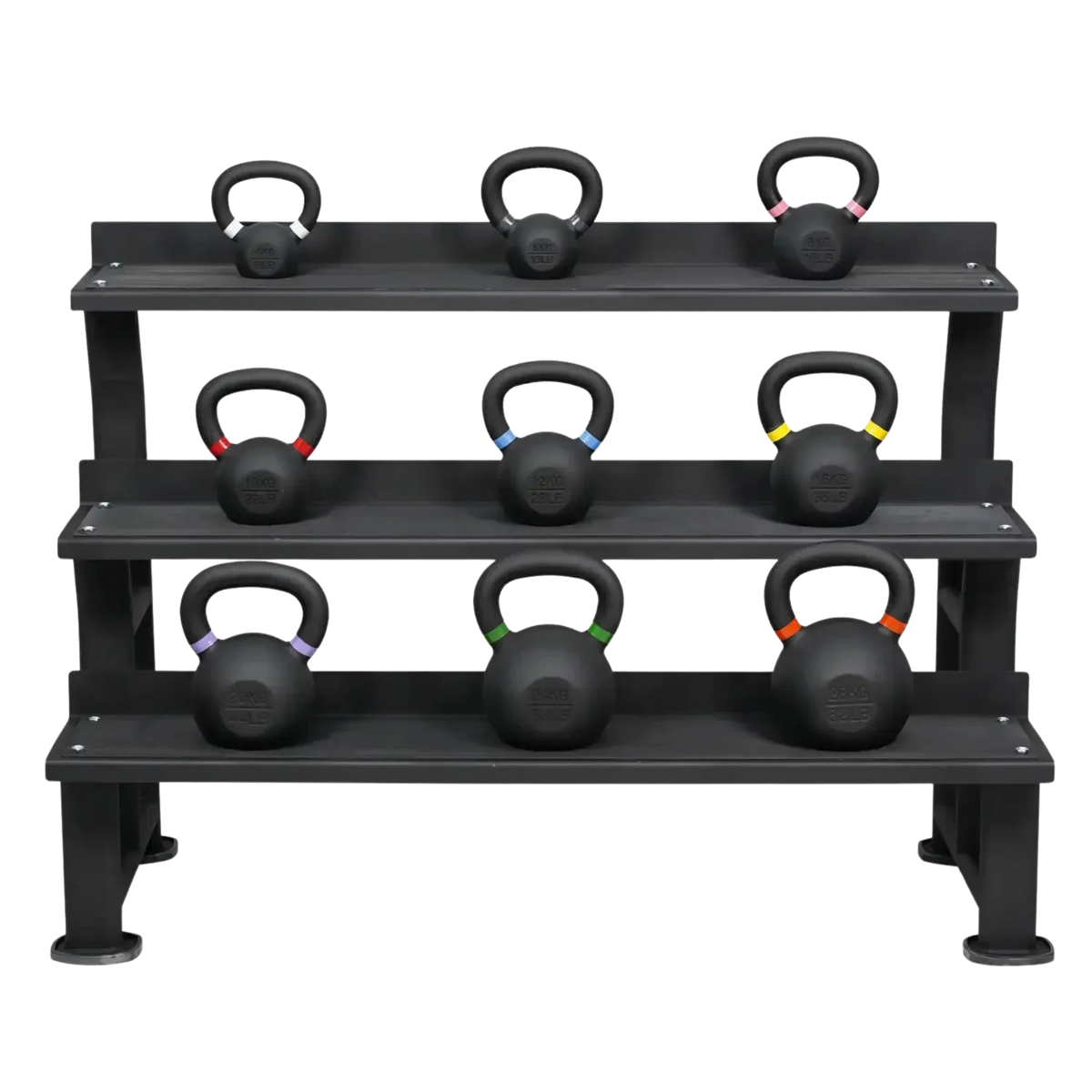 Powder-Coated Kettlebell Set Beginner (9 Kettlebells 4-28kg) mit Storage Rack kaufen - HighPowered Kettlebell Sets - Fitness Onlineshop
