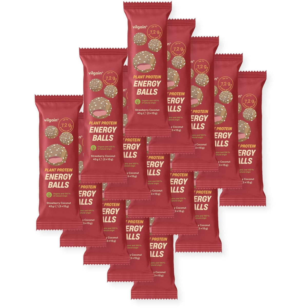 BIO Plant Protein Energy Balls Erdbeere mit Kokosnuss / 15 x 45 g kaufen - Vilgain Fitness Snacks - Fitness Onlineshop