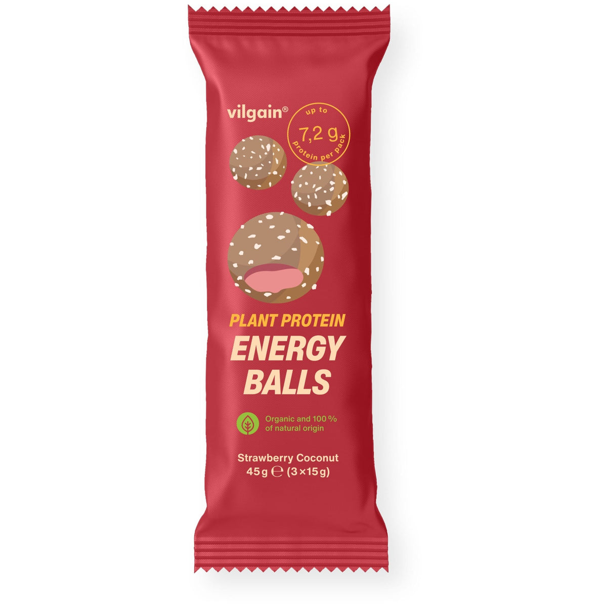BIO Plant Protein Energy Balls Erdbeere mit Kokosnuss / 45 g (3 x 15 g) kaufen - Vilgain Fitness Snacks - Fitness Onlineshop