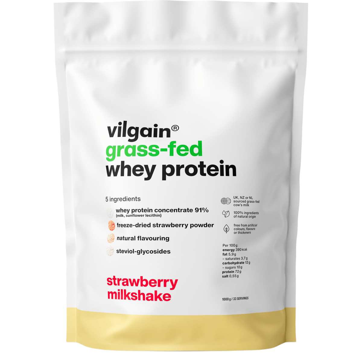 Grass-Fed Whey Protein Erdbeer Milchshake / 1'000 g kaufen - Vilgain Whey Proteinpulver - Fitness Onlineshop