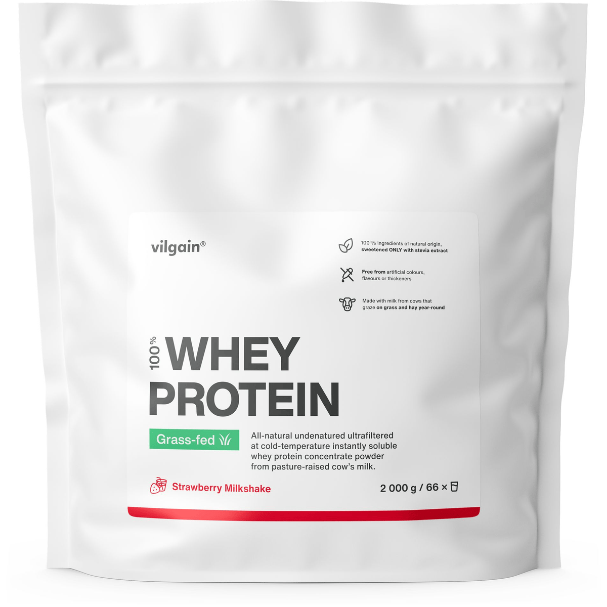 Grass-Fed Whey Protein Erdbeer Milchshake / 2'000 g kaufen - Vilgain Whey Proteinpulver - Fitness Onlineshop