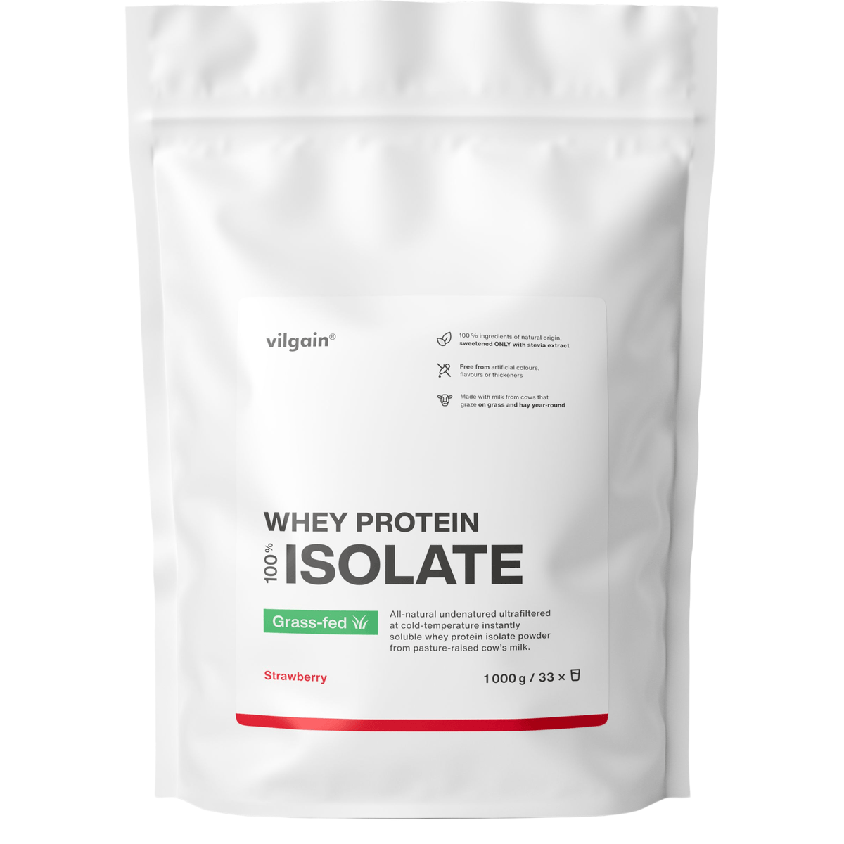 Grass-Fed Whey Protein Isolat Erdbeere / 1'000 g kaufen - Vilgain Whey Proteinpulver - Fitness Onlineshop
