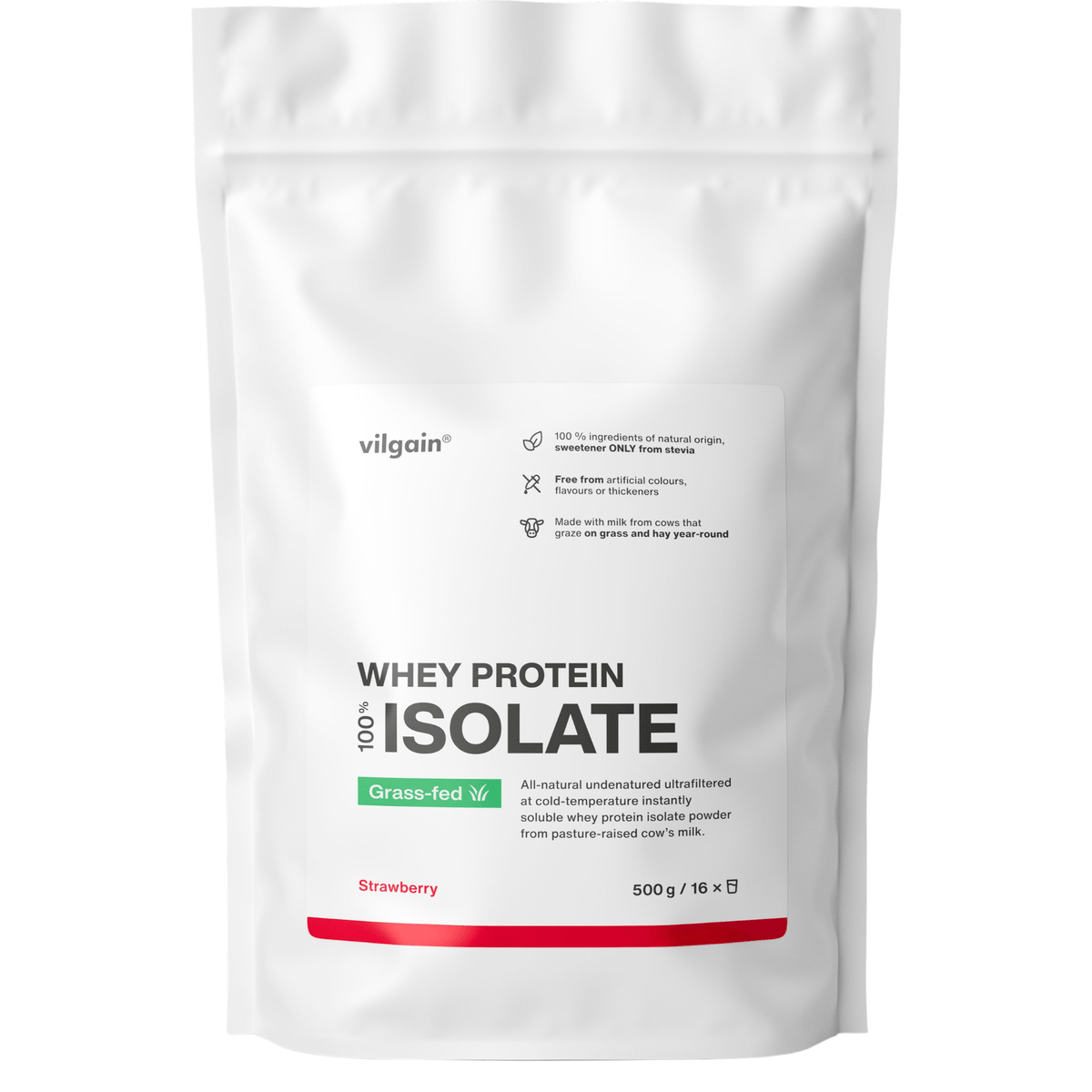 Grass-Fed Whey Protein Isolat Erdbeere / 500 g kaufen - Vilgain Whey Proteinpulver - Fitness Onlineshop