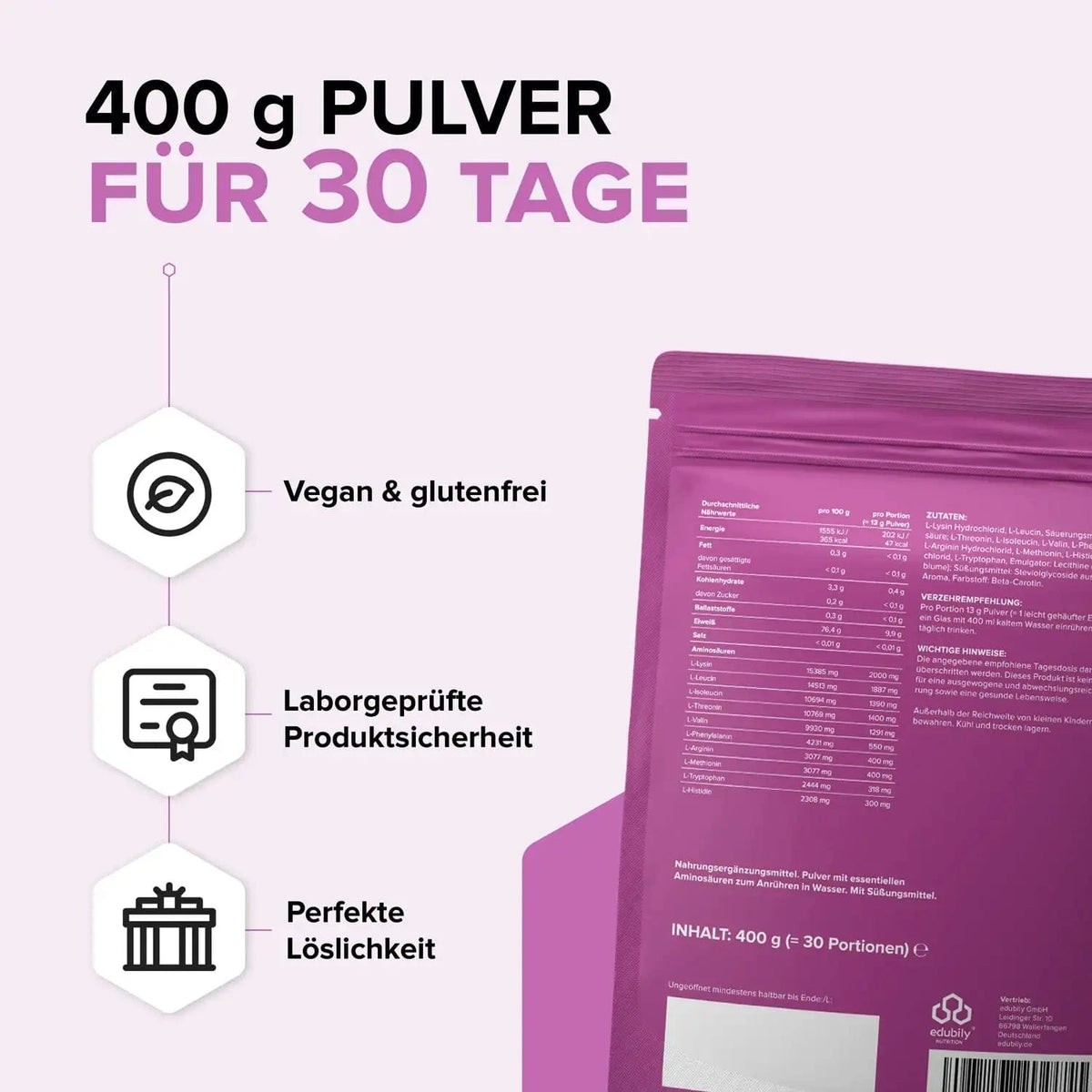 EAA⁺ Pulver (Essenzielle Aminosäuren) kaufen -  edubily EAA  - Fitness Onlineshop