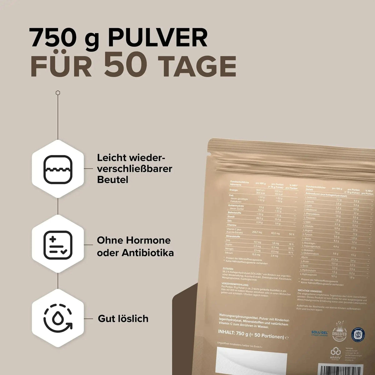 Kollagen-Hydrolysat Pulver kaufen -  edubily Kollagen  - Fitness Onlineshop