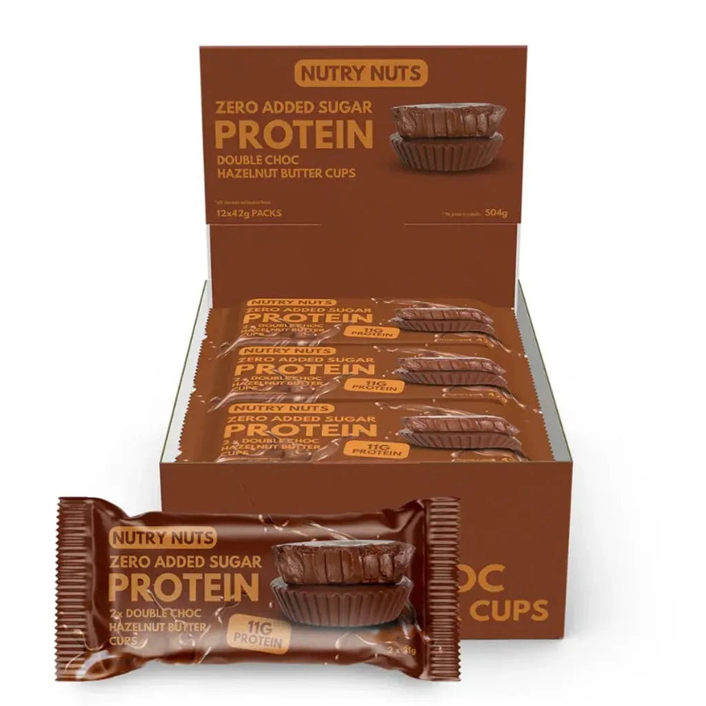 Nutry Nuts Zero Added Sugar - Protein Peanut Butter Cups 12 x 42 g / Double Choc & Hazelnut kaufen -  Nutry Nuts Proteinriegel  - Fitness Onlineshop