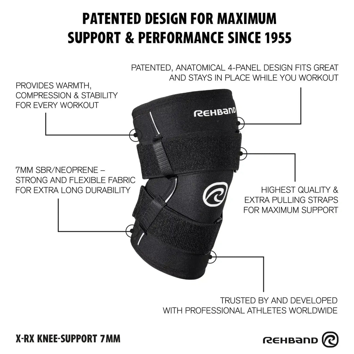 Rehband X-RX Knee Support 7 mm mit Straps Schwarz kaufen bei haghpowered.com
