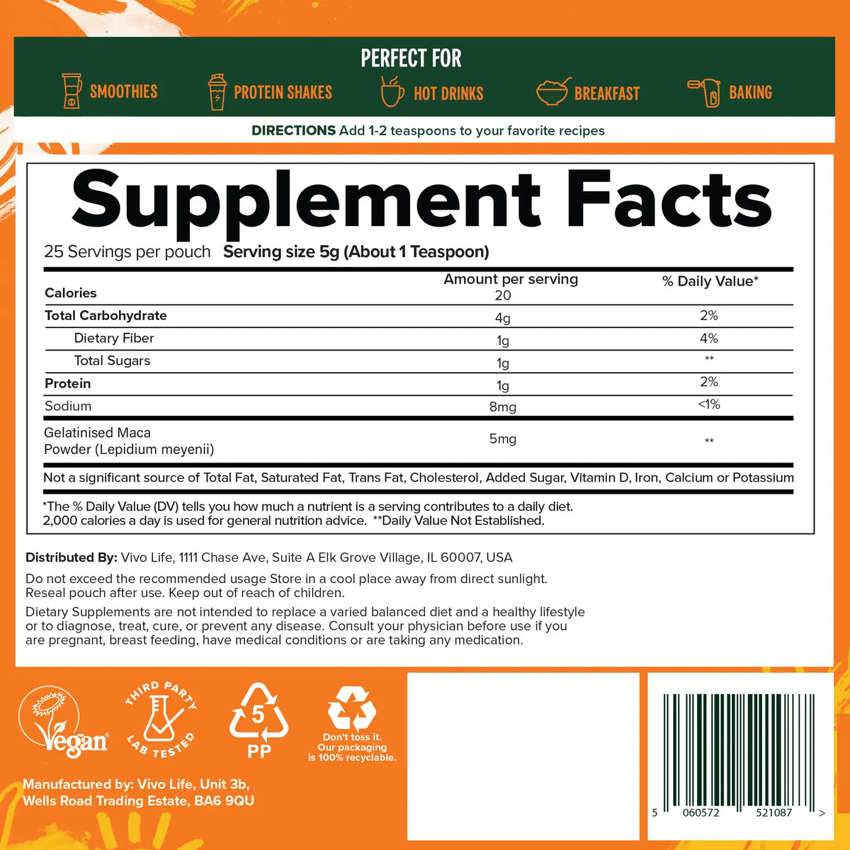 Maca Pulver (gelatinisiert) 125 g kaufen -  Vivo Life Adaptogene  - Fitness Onlineshop