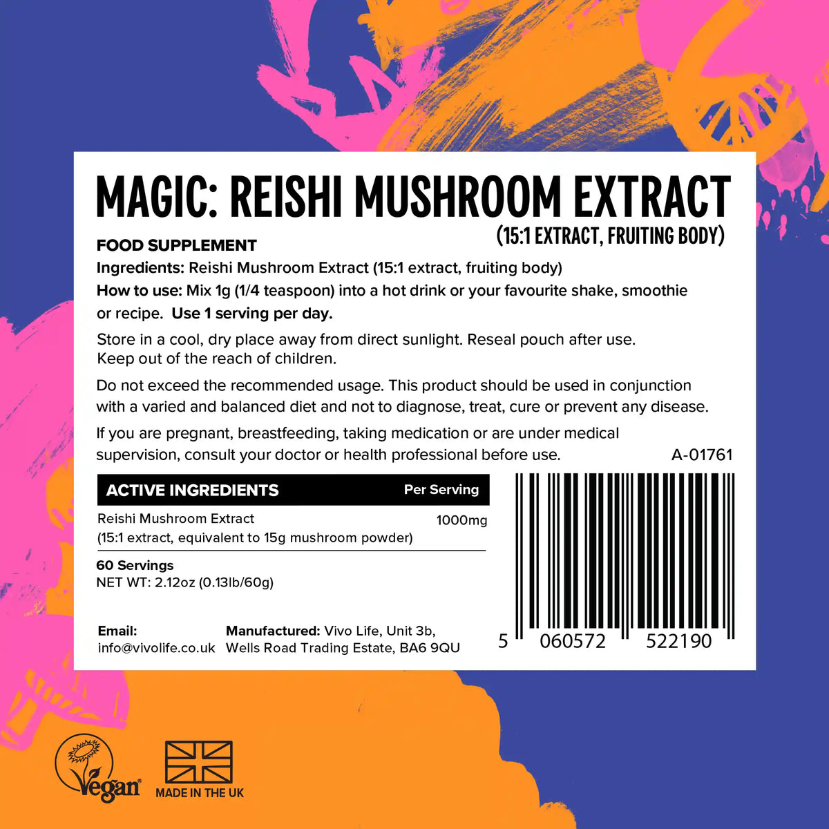 Reishi Pulver (15:1 Extrakt) 60 g kaufen -  Vivo Life Pilz-Supplements  - Fitness Onlineshop